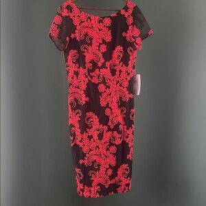 JS Collections Black Midi Dress with Red Floral Embroidery